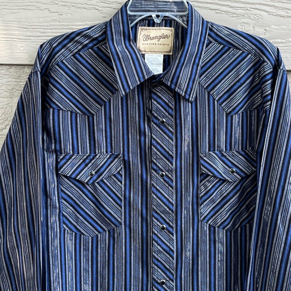 Vintage Wrangler  Western Dress Shirt Pearl Snap Men  XL/TG Metallic Silver Blue - Picture 8 of 11